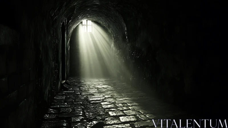 Stone corridor with window light rays on wet floor surface.
