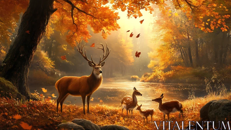 Deer family standing by sunlit autumn forest river scene.