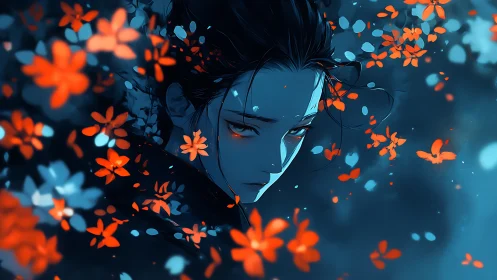Blue toned character portrait with floating red flowers.