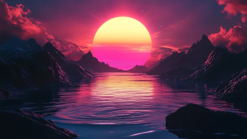 Neon sunset over alien mountains and reflective ocean horizon.