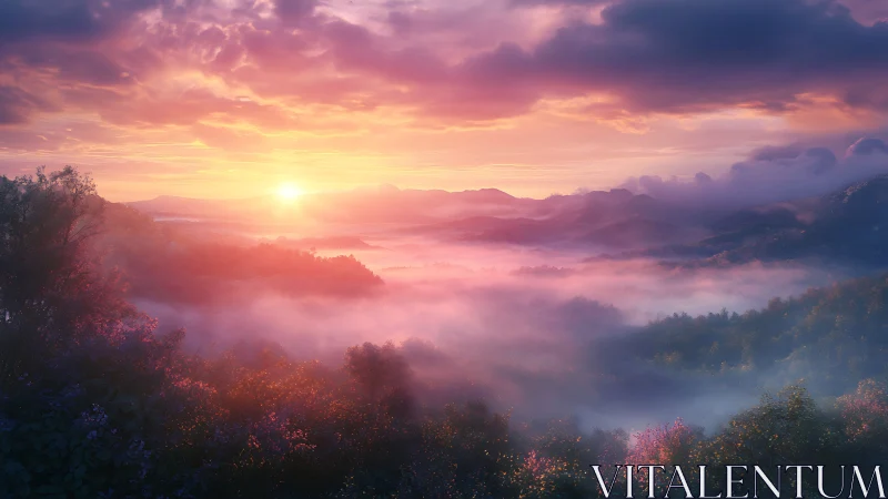 Sunrise light spills over misty valley and distant hills
