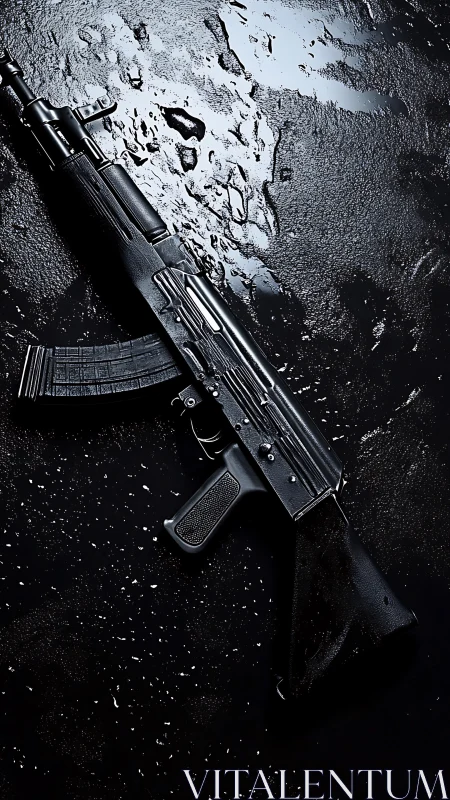 Black rifle on wet reflective dark surface, overhead view.