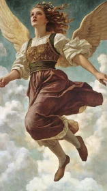 Soaring angelic maiden glides through luminous cloudscape.