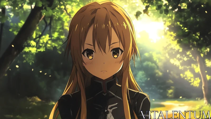 Sunlit forest portrait of stoic anime swordswoman in black armor.
