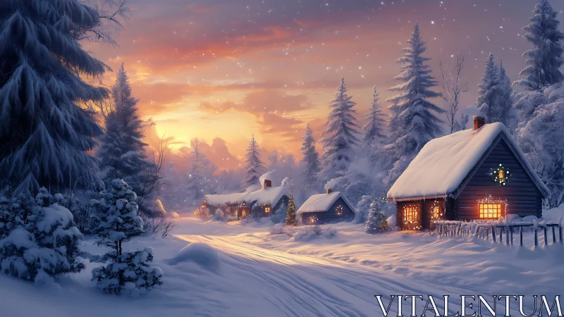 Snowlit cottage lane wrapped in dusk-kissed winter quiet.