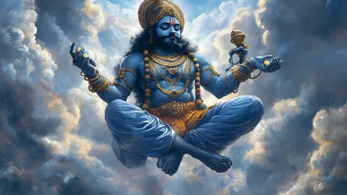 Digital painting of blue-skinned deity in celestial meditation.