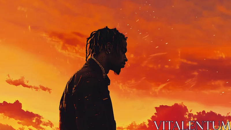 Sunset daydreams with a quiet figure in glowing clouds.