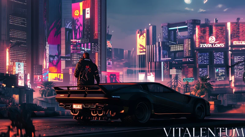 Cyberpunk street scene with parked car and neon skyline.