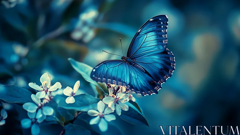 Iridescent blue butterfly rests on blossoms in shallow focus