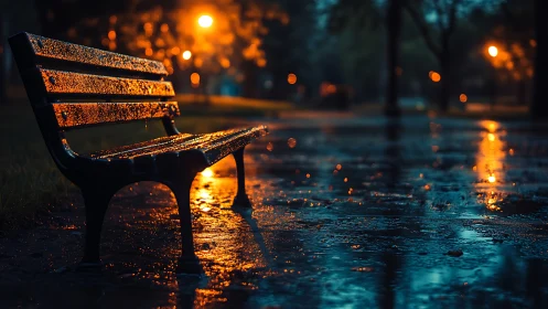 Rain-soaked park bench glows under moody dusk streetlights