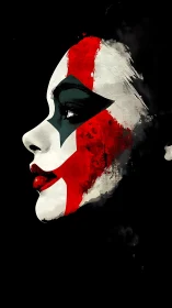 Profiled clown mask portrait in stark abstract colors.