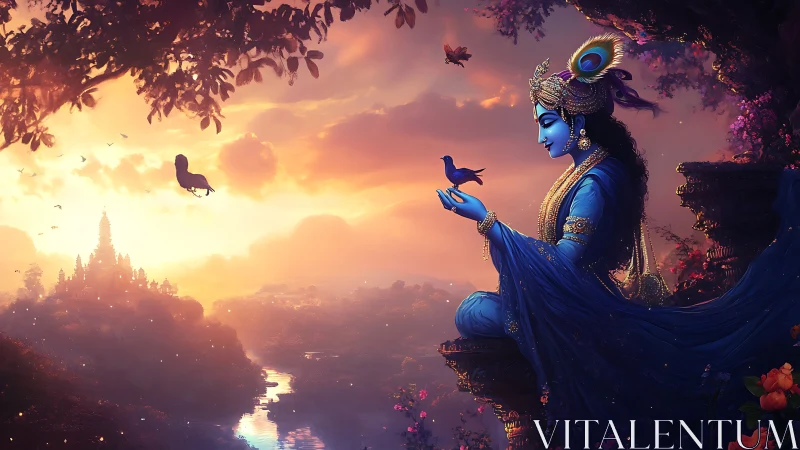 Divine blue deity contemplates bird above glowing river valley