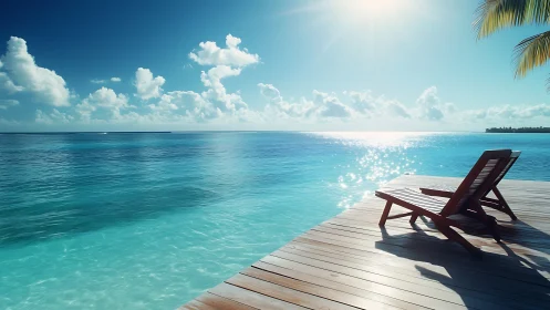 Wooden deck with lounge chairs facing calm tropical sea.
