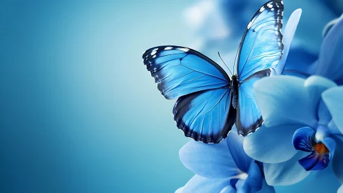 Photoreal macro of blue butterfly on orchid blooms.
