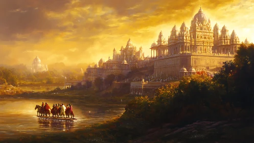 Golden river crossing before monumental palace complex.