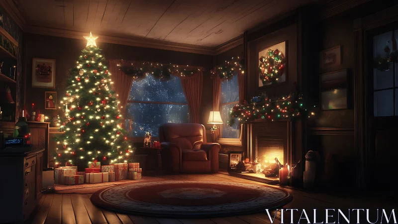 Luminous Christmas interior with tree, hearth, and snowfall glow.