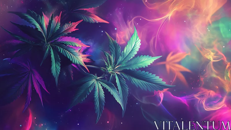 Dreamy neon leaves drifting through a glowing cosmic haze.
