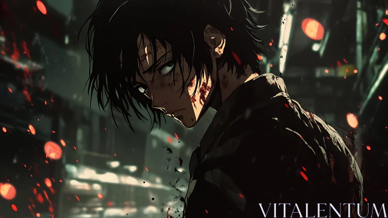 Bloodstained urban loner in cinematic low‑key anime lighting.