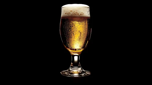 Tall pilsner glass containing carbonated beer stands centered