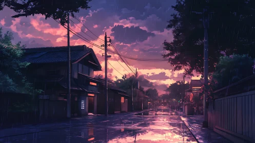 Rainy evening street with traditional houses at sunset.