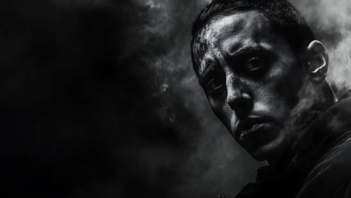 Brooding monochrome portrait in drifting cinematic smoke.