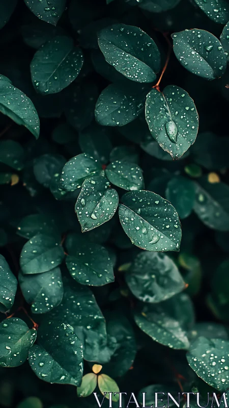 Rain-dappled green leaves in moody close-up study.