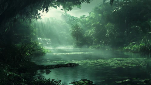 Dense tropical river landscape with filtered daylight view.