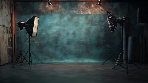Professional studio set with teal textured backdrop and strobes.
