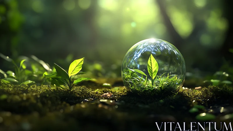 Young plant in glass sphere, lush forest background, eco concept.