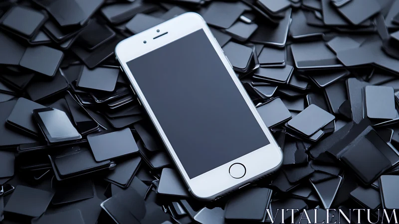 Silver smartphone lounges atop glossy midnight data tiles