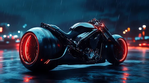 Futuristic black motorcycle with neon red wheel lighting.