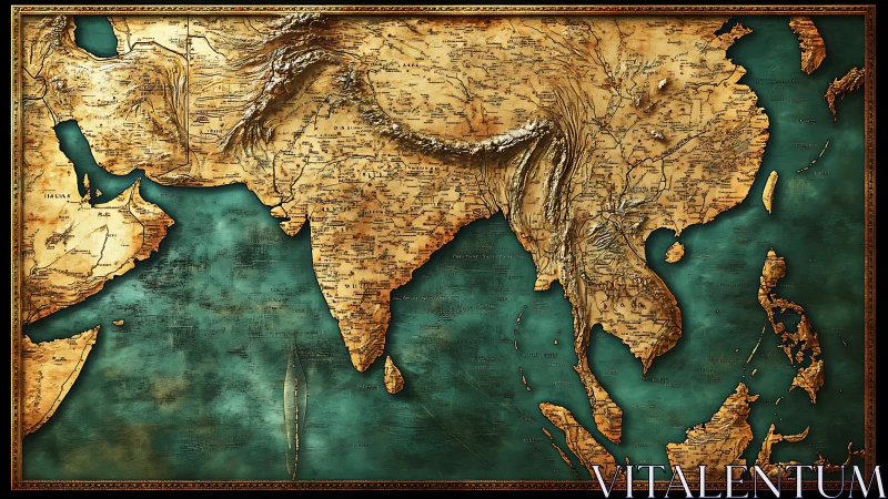 Textured relief map of South and Southeast Asia on teal sea.