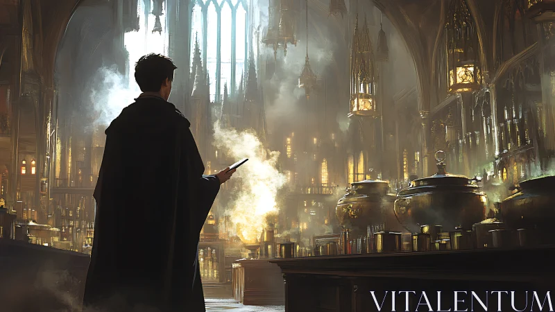 Young cloaked figure in vast gothic potion laboratory.