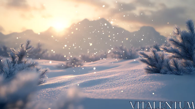 Winter sunrise sprinkles glittering snow over silent pines