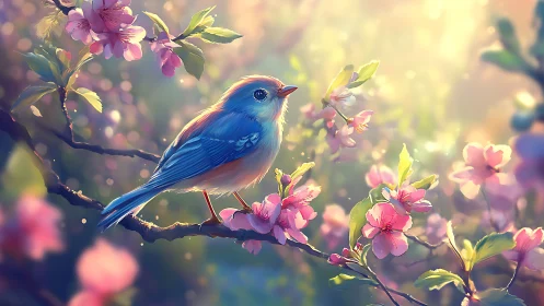 Bluebird on Blossoming Branch in Dreamy Springtime Illustration.