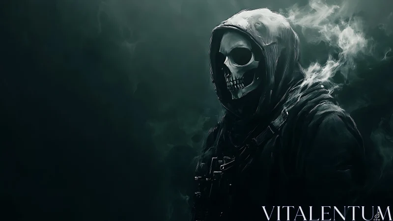Hooded skeletal operative emerges from smoke in desaturated teal