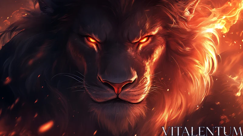 Fiery lion gazes forward with glowing eyes and embers