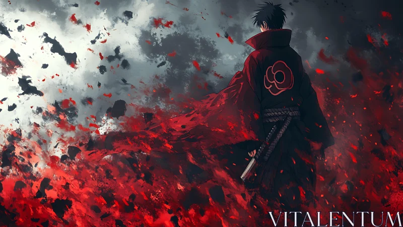 Solitary anime figure in red cloak amid abstract embers.