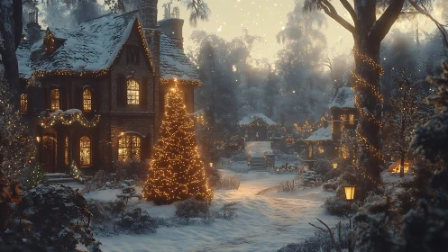 Snowy village street glows under warm holiday lantern light