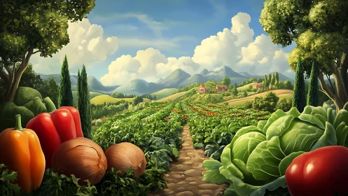 Sunlit vegetable valley unfurls toward distant hilltop farms