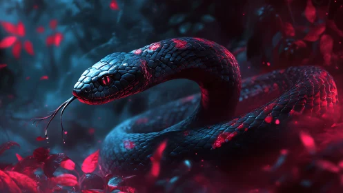 Coiled black serpent under neon red and blue forest light.