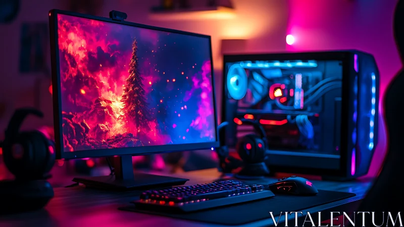Neon storm forge: glowing gamer battlestation dreamscape.