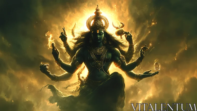 Divine multi-armed deity in radiant golden stormscape.