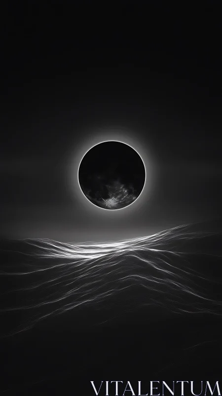 Lunar eclipse over monochrome procedural ocean waveforms