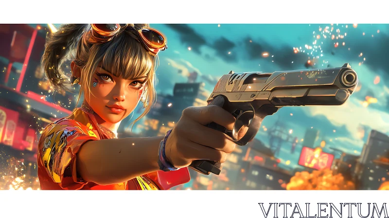 Neon city gunfighter with cyber pistol and blazing bokeh.