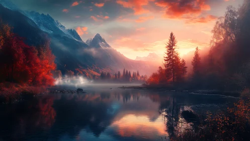 Sunlit autumn mountains cradle a peaceful reflective lake