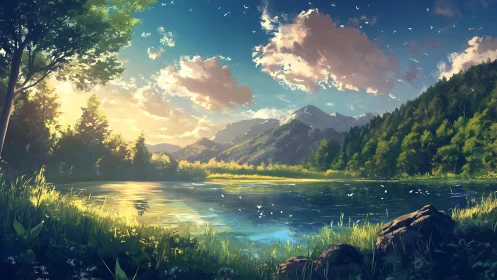 Sunlit alpine lake reflects distant snowcapped mountains.