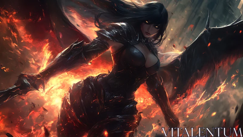 Hellfire-winged warrior strides through embers and ruin