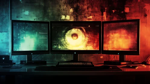 Triple monitor command center glows with cyberpunk energy