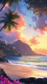 Dreamy tropical shoreline under glowing sunset skies.